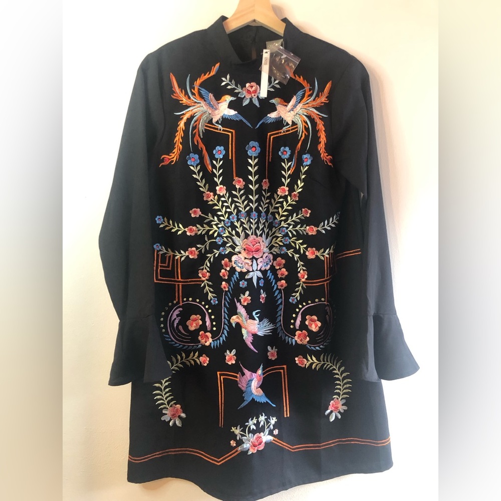 ASOS Black Long Sleeve Embroidered Floral & Bird Tunic Dress